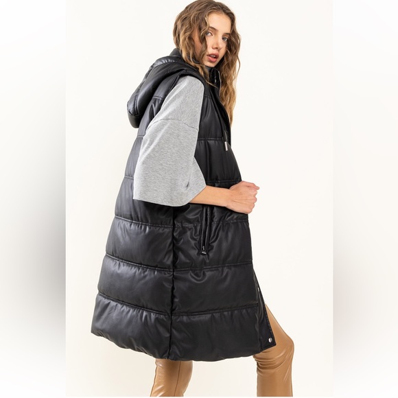 Faux Leather Hoodie Puffer Long Vest Jacket - Picture 4 of 6
